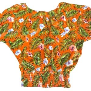 Karma Highway Tropical Floral Blouse One Size Orange Smocked Waist